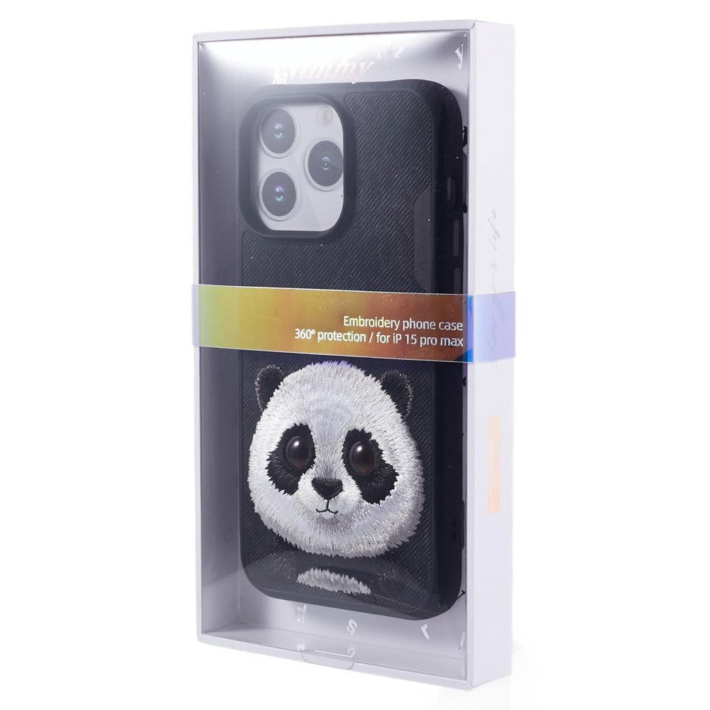 iPhone 15 Pro Hybrid Case w. Animal Motif & Embroidery - Panda