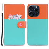 iPhone 15 Pro Flip Case with Strap / Standing function / Card Holder - Orange / Blue (Cats)