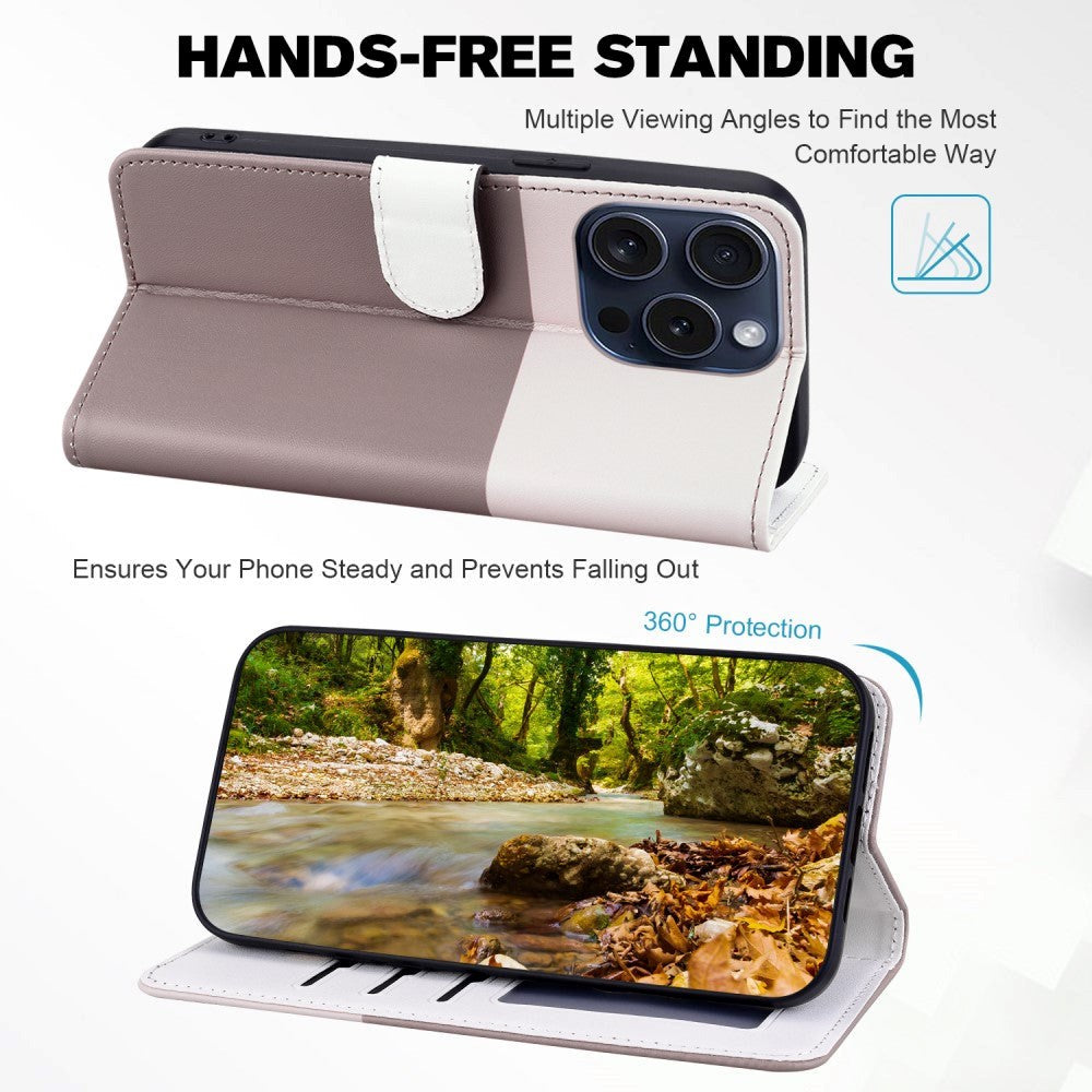 iPhone 15 Pro Flip Case with Strap / Standing function / Card Holder - White / Brown (Cats)