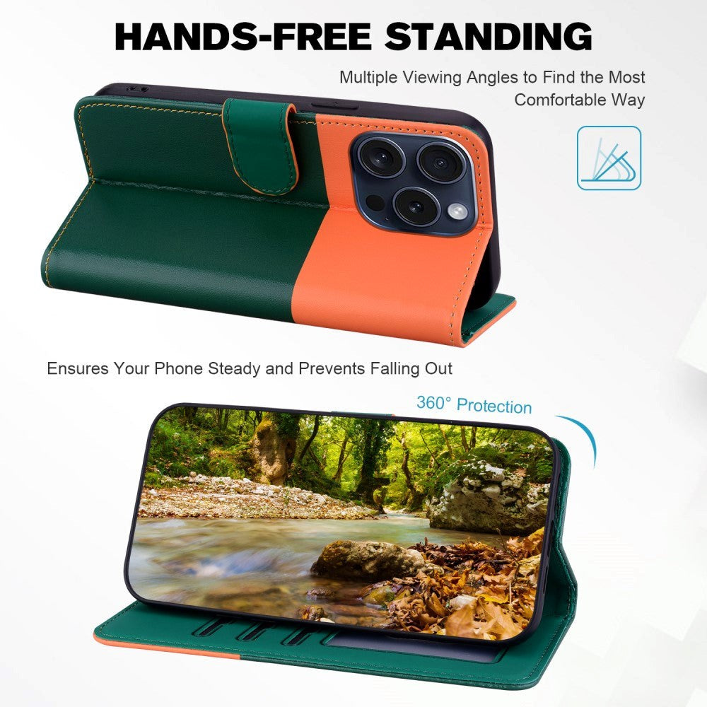 iPhone 15 Pro Flip Case with Strap / Standing function / Card Holder - Orange / Green (Cats)