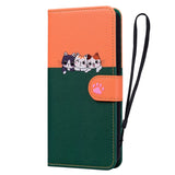 iPhone 15 Pro Flip Case with Strap / Standing function / Card Holder - Orange / Green (Cats)