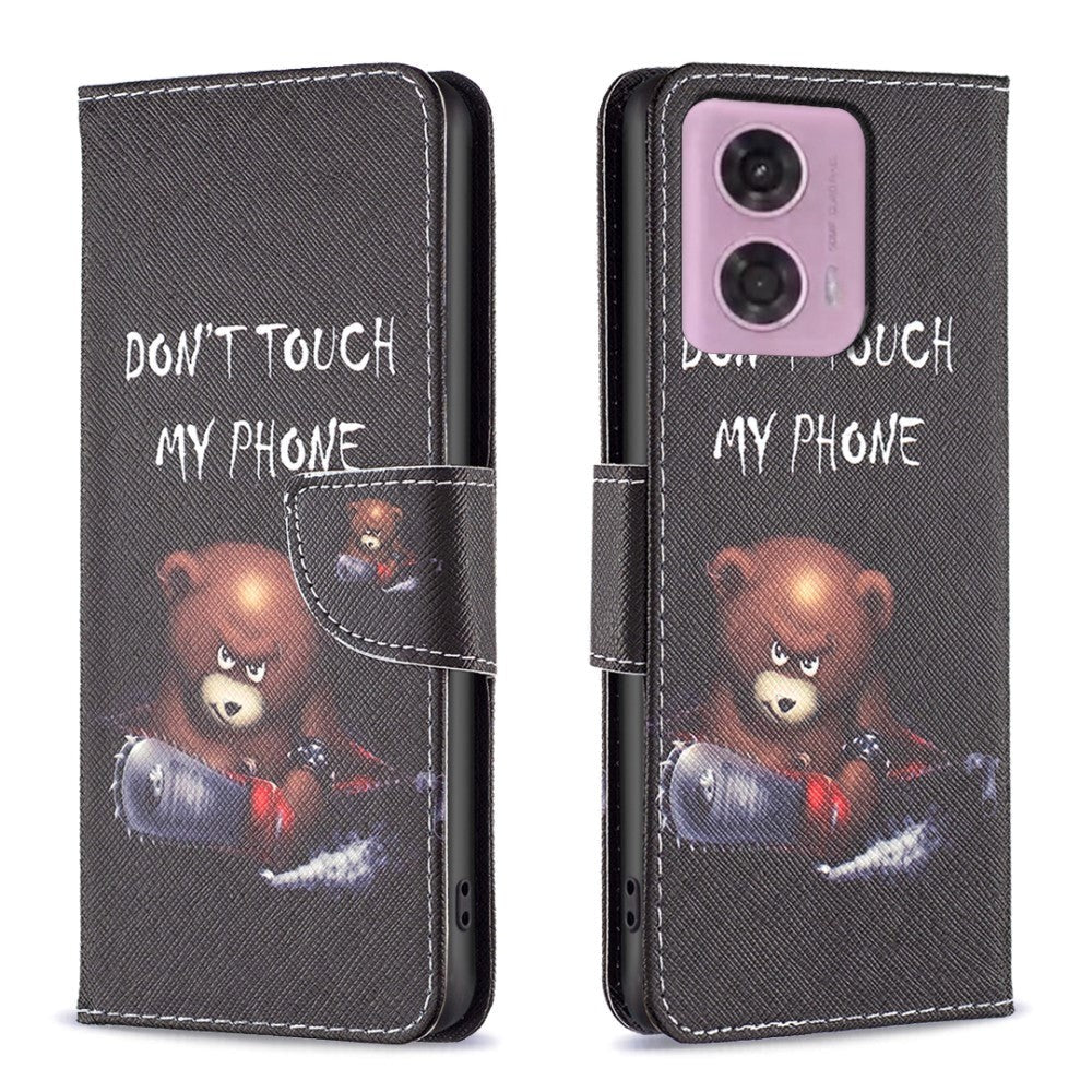 Motorola Moto G34 Leather Wallet Case w. Print - "Don't Touch My Phone" - Bear