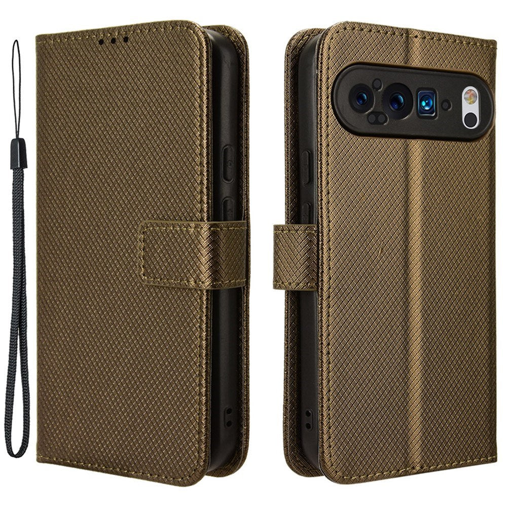 EIDERWOOD Google Pixel 9 / 9 Pro Leather Flip Case w. Strap & Texture - Brown