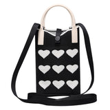 Knitted Crossbody Shoulder Bag with Hand Strap (180 x 120 mm) - Black / Hearts