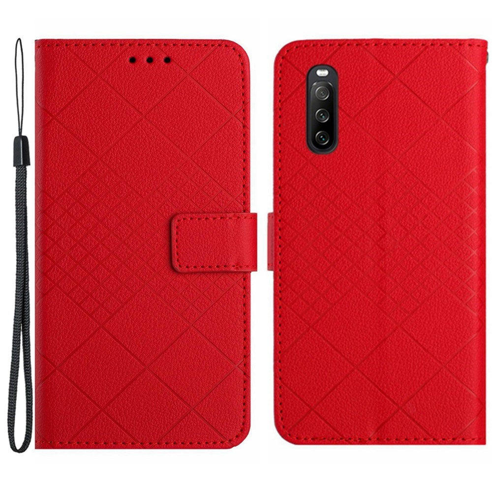 EIDERWOOD Sony Xperia 10 VI Leather Flip Case w. Wallet & Strap - Rhombus Engraving - Red