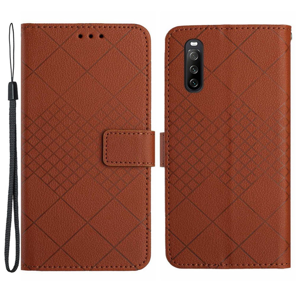 EIDERWOOD Sony Xperia 10 VI Leather Flip Case w. Wallet & Strap - Rhombus Engraving - Brown