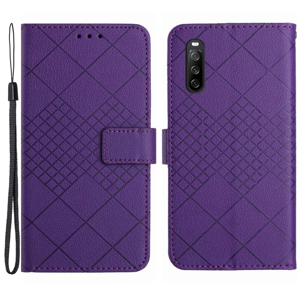 EIDERWOOD Sony Xperia 10 VI Leather Flip Case w. Wallet & Strap - Rhombus Engraving - Purple