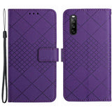 EIDERWOOD Sony Xperia 10 VI Leather Flip Case w. Wallet & Strap - Rhombus Engraving - Purple