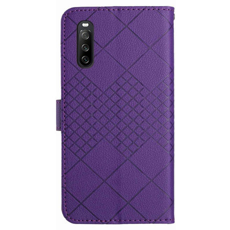 EIDERWOOD Sony Xperia 10 VI Leather Flip Case w. Wallet & Strap - Rhombus Engraving - Purple