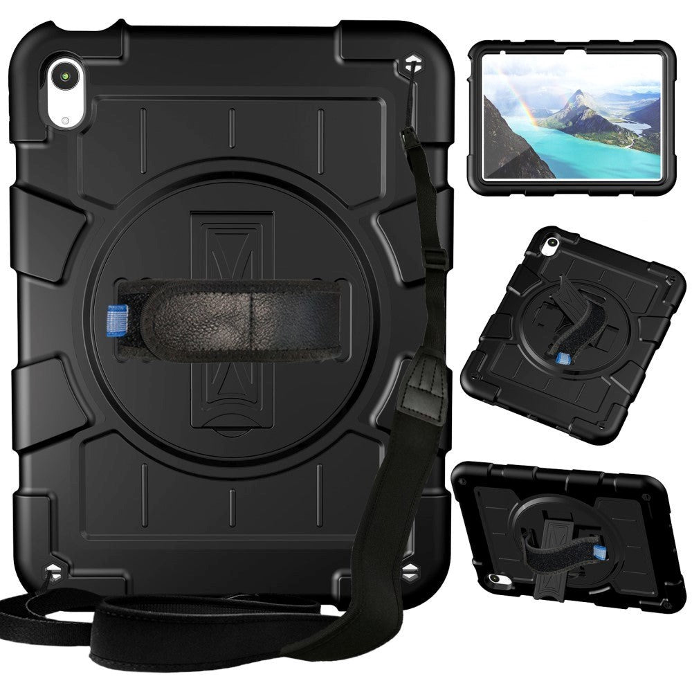 iPad 10.9" (2024/2022) Tough Case w. Hand Holder, Kickstand & Shoulder Strap - Black