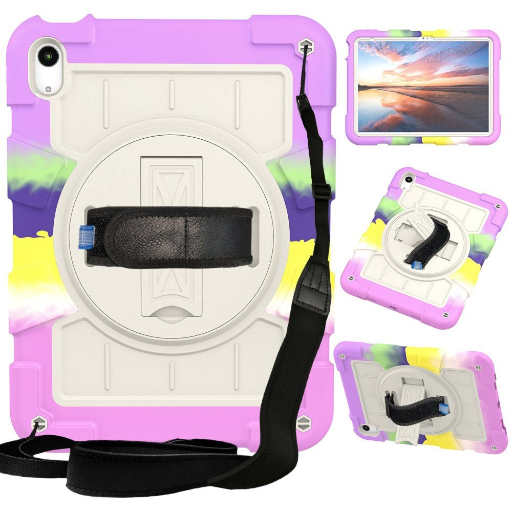 iPad 10.9" (2024/2022) Tough Case w. Hand Holder, Kickstand & Shoulder Strap - Purple / Multi