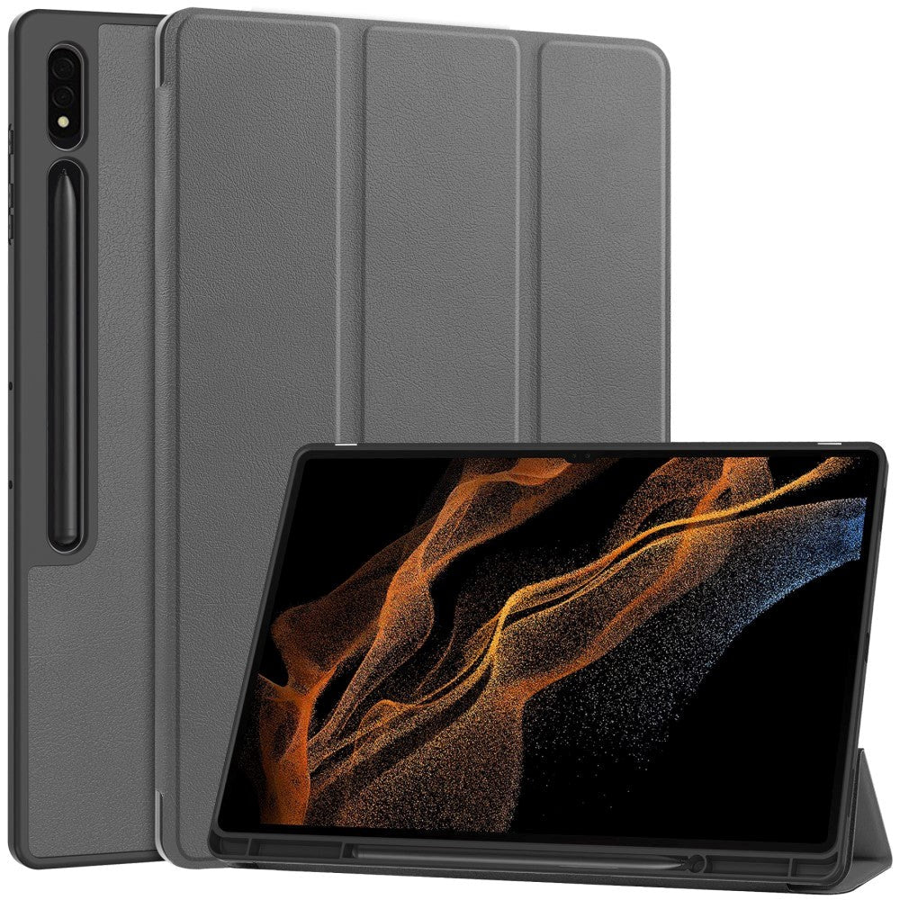 Samsung Galaxy Tab S9 Ultra Tri-Fold Leather Flip Cover with Stand Function & Pencil Holder - Grey