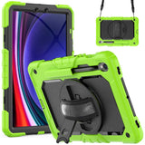 Samsung Galaxy Tab S9 Tough Case w. Protective Film, Hand Holder & Shoulder Strap - Green / Black