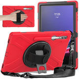 Samsung Galaxy Tab S9 Ultra / S8 Ultra Drop Proof Case w. Hand Holder, Kickstand, Pencil Holder & Shoulder Strap - Red / Black