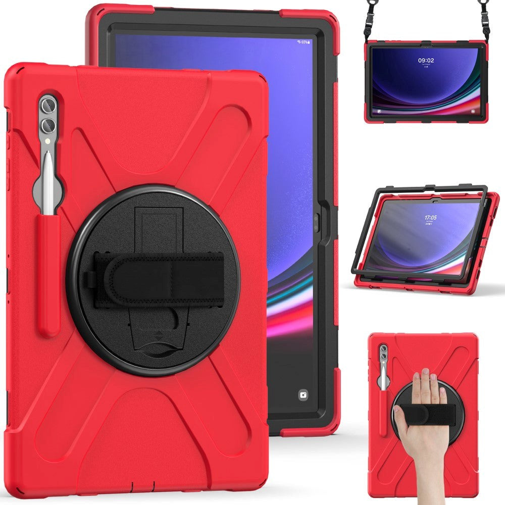 Samsung Galaxy Tab S9 Ultra / S8 Ultra Drop Proof Case w. Hand Holder, Kickstand, Pencil Holder & Shoulder Strap - Red / Black