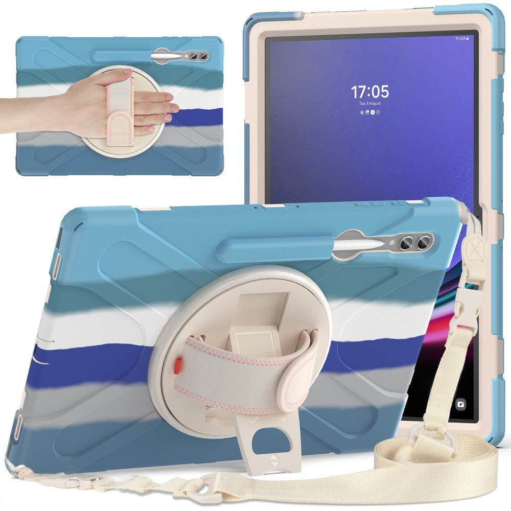 Samsung Galaxy Tab S9 Ultra / S8 Ultra Drop Proof Case w. Hand Holder, Kickstand, Pencil Holder & Shoulder Strap - Multi / Blue