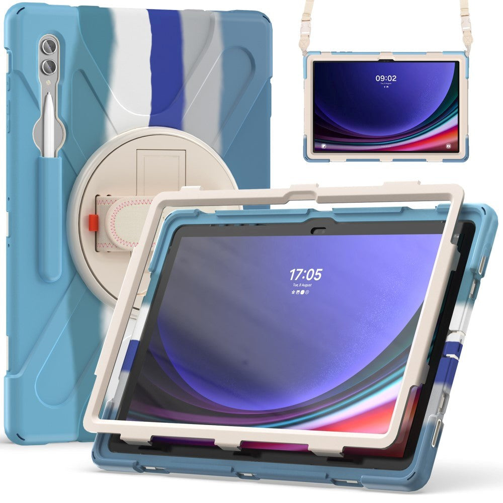 Samsung Galaxy Tab S9 Ultra / S8 Ultra Drop Proof Case w. Hand Holder, Kickstand, Pencil Holder & Shoulder Strap - Multi / Blue