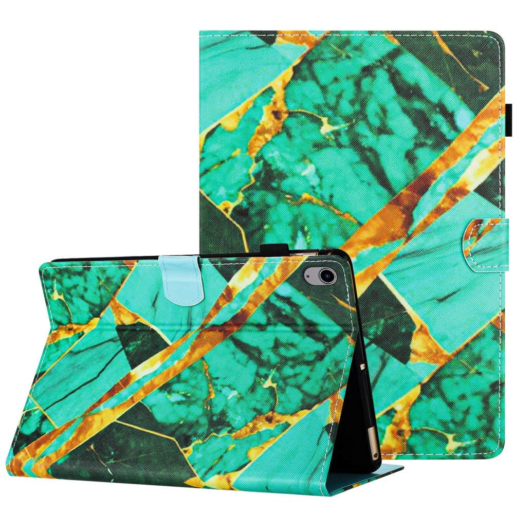 iPad 10.9" (2024/2022) Leather Case w. Kickstand & Card Holder - Green / Gold Marble