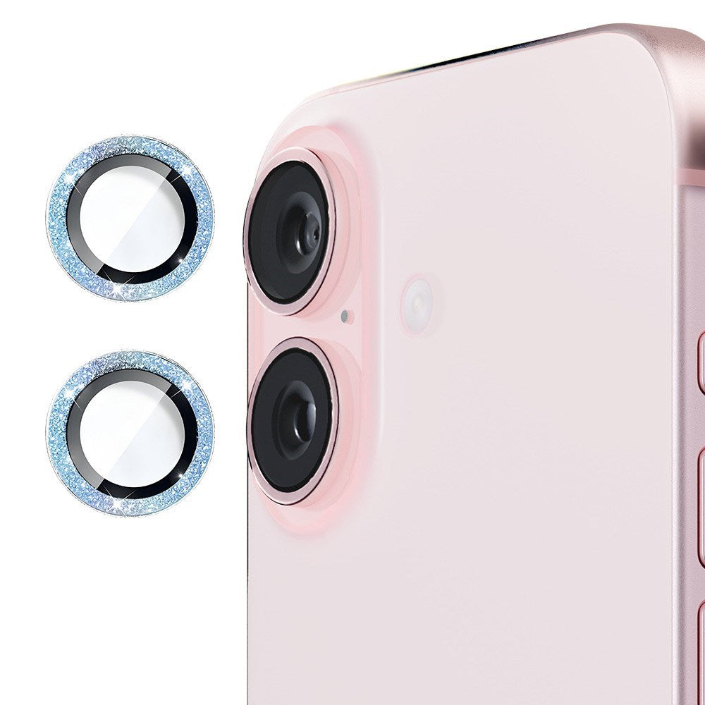 Camera Lens Protection w. Rhinestone for iPhone 16 / 16 Plus - Light Blå