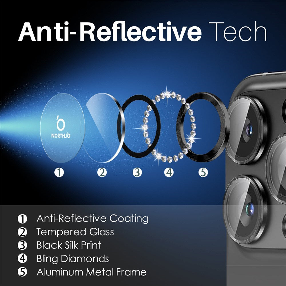 NORTHJO iPhone 16 Pro / 16 Pro Max Camera Lens Protector - Decorative Stones - Black
