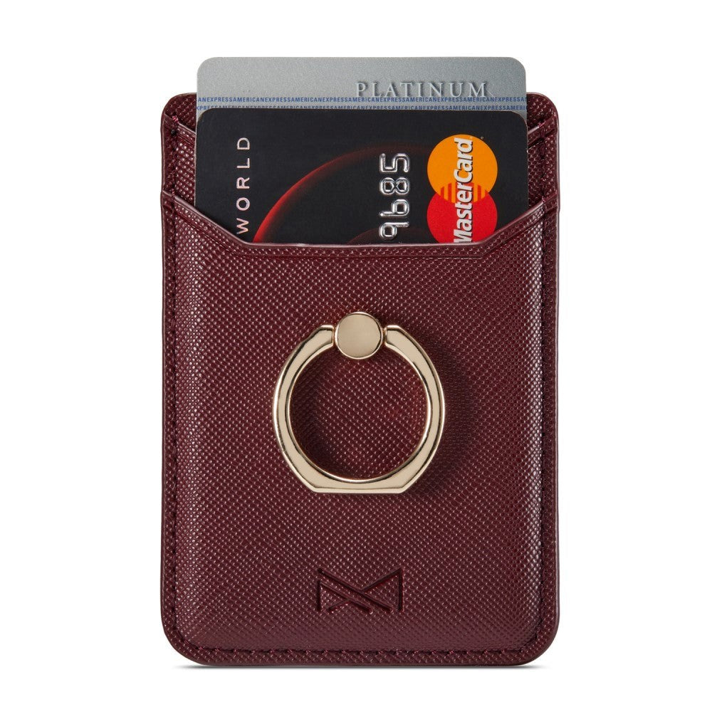 Ribbed Leather Card Holder Stick-on w. Finger Ring - Bordeaux