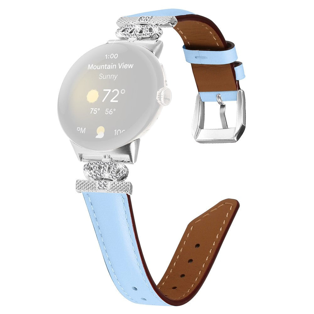 Google Pixel Watch 1 / 2 / 3 Leather Strap w. Silver Rhinestone Buckle - Blue