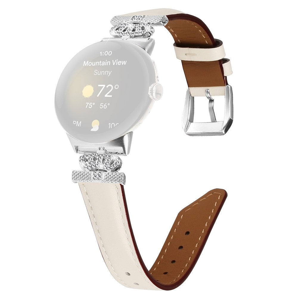 Google Pixel Watch 1 / 2 / 3 (41mm) Leather Strap w. Silver Rhinestone Buckle - Beige