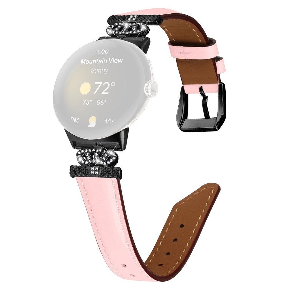 Google Pixel Watch 1 / 2 / 3 Leather Strap w. Black Rhinestone Buckle - Pink