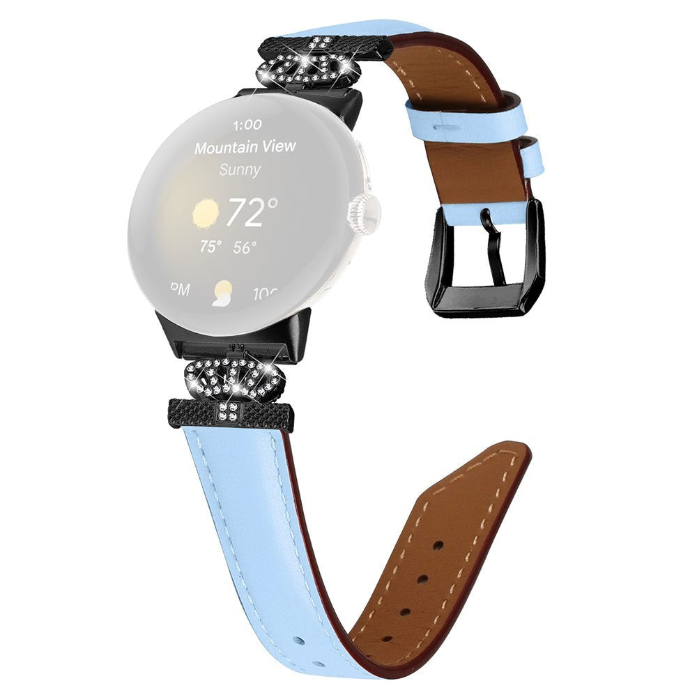 Google Pixel Watch 1 / 2 / 3 Leather Strap w. Black Rhinestone Buckle - Blue