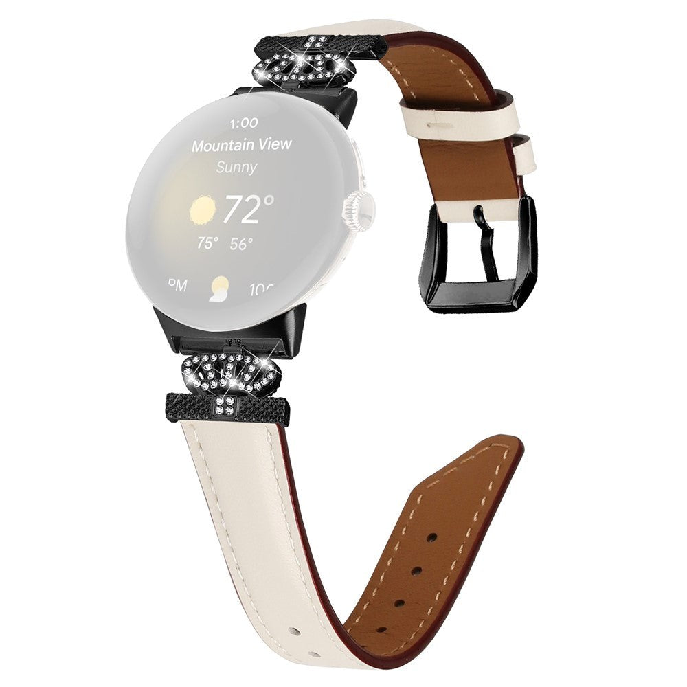 Google Pixel Watch 1 / 2 / 3 Leather Strap w. Black Rhinestone Buckle - Beige