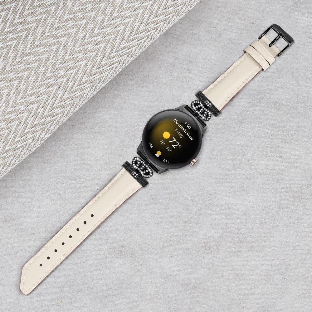 Google Pixel Watch 1 / 2 / 3 Leather Strap w. Black Rhinestone Buckle - Beige