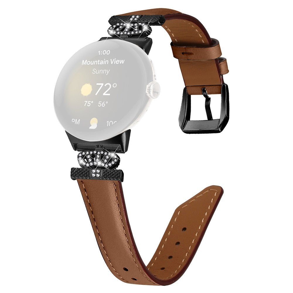 Google Pixel Watch 1 / 2 / 3 Leather Strap w. Black Rhinestone Buckle - Brown