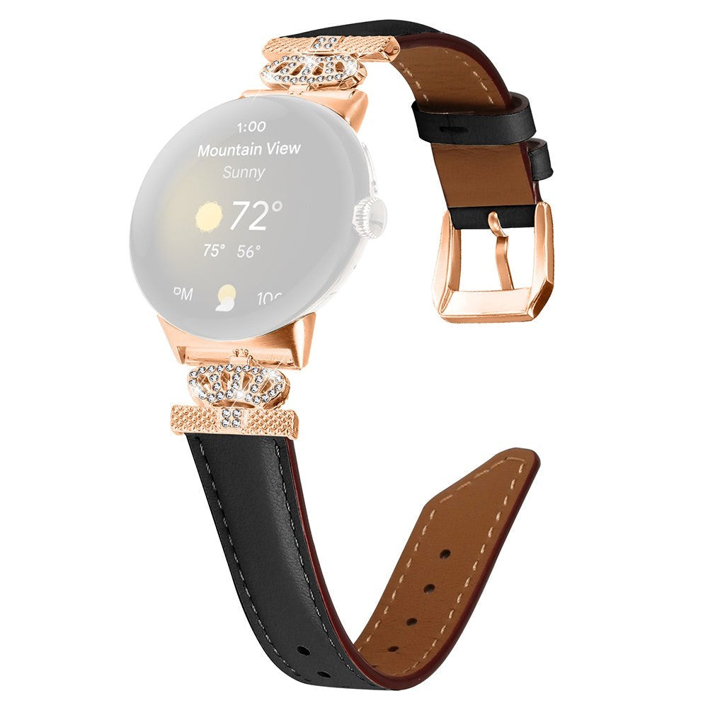 Google Pixel Watch 1 / 2 / 3 Leather Strap w. Rose Gold Rhinestone Buckle - Black