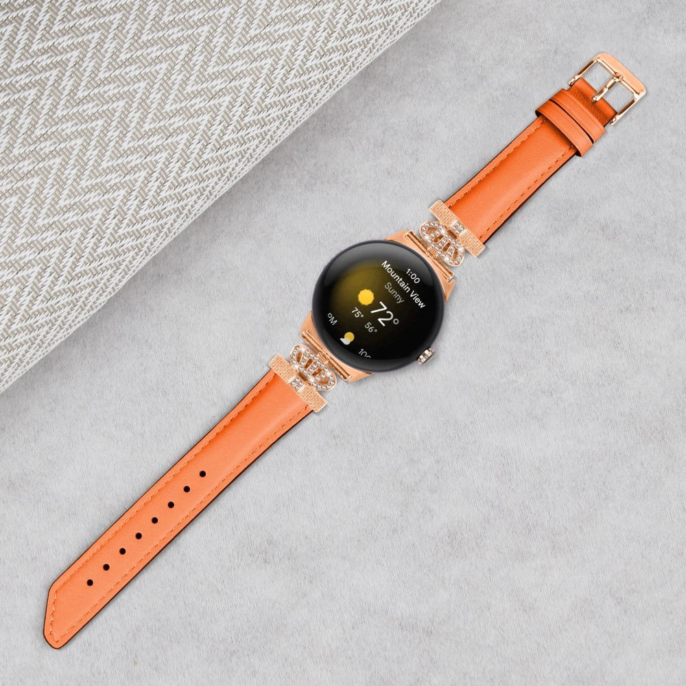 Google Pixel Watch 1 / 2 / 3 Leather Strap w. Rose Gold Rhinestone Buckle - Orange