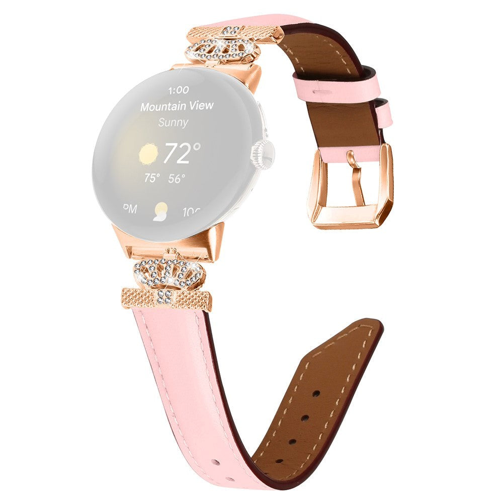 Google Pixel Watch 1 / 2 / 3 (41mm) Leather Strap w. Rose Gold Rhinestone Buckle - Pink
