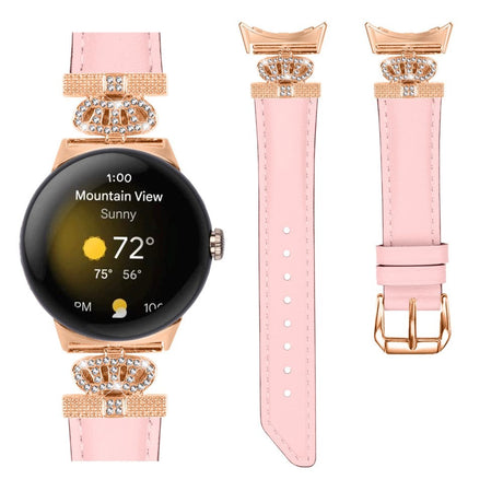 Google Pixel Watch 1 / 2 / 3 Leather Strap w. Rose Gold Rhinestone Buckle - Pink