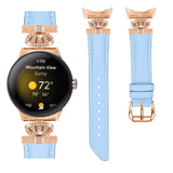 Google Pixel Watch 1 / 2 / 3 Leather Strap w. Rose Gold Rhinestone Buckle - Blue