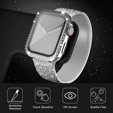 Apple Watch (44mm) Hard Plastic Case w. Built-in Screen Protector - Silver & Rhinestones