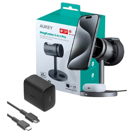 Aukey MagFusion 3-in-1 Pro Qi2 Wireless Charger - MagSafe Compatible - Grey