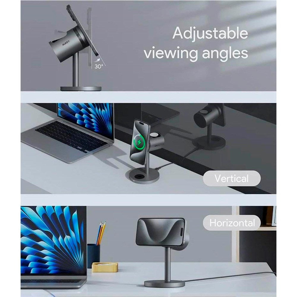 Aukey MagFusion 3-in-1 Pro Qi2 Wireless Charger - MagSafe Compatible - Grey