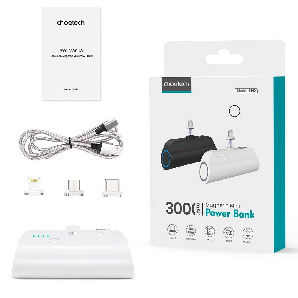 Choetech Mini 5W PowerBank 3000 mAh 3-in-1 Micro-USB / USB-C / Lightning - With Charging Cable - White