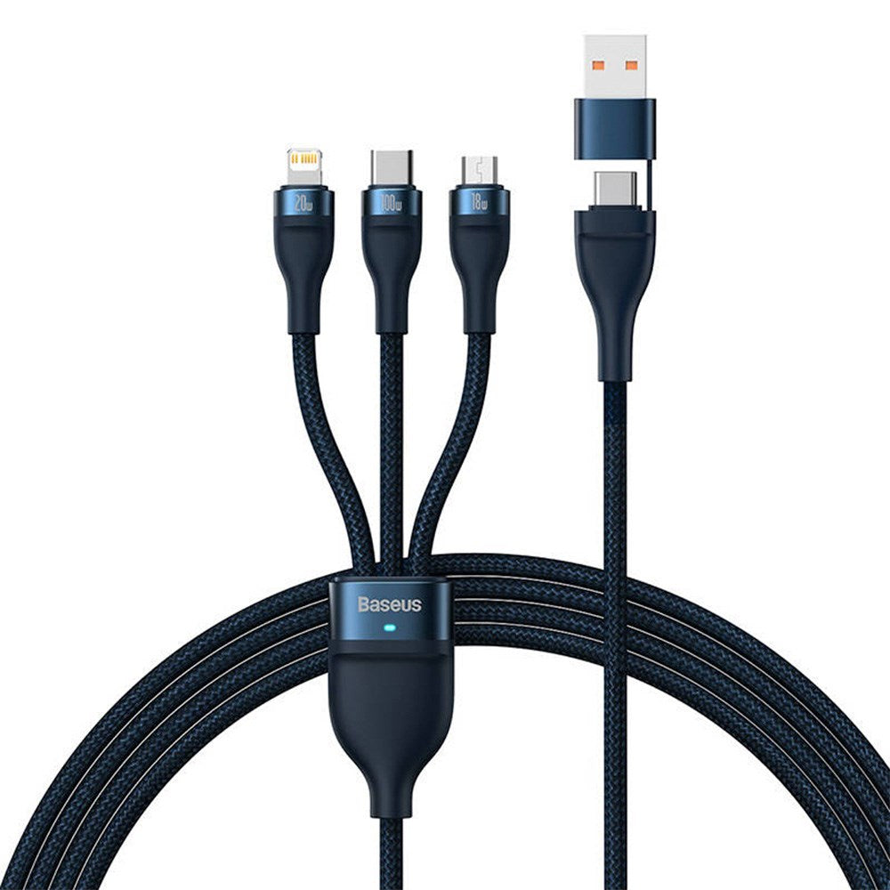 Baseus Flash Series 2 - 3-in-1 100W USB Multi Cable w. USB-C, Lightning & Micro-USB - 1.2 Meter - Blue