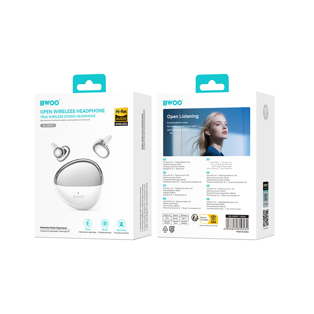 BWOO True Wireless Earphones - Open-Ear - Grey