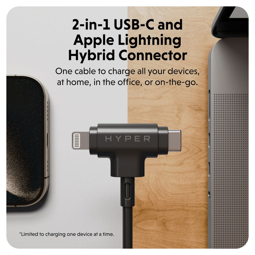 Hyper HyperJuice 60W 2-in-1 Hybrid Silicone USB-C to USB-C & Lightning Cable - 1.5m - Black