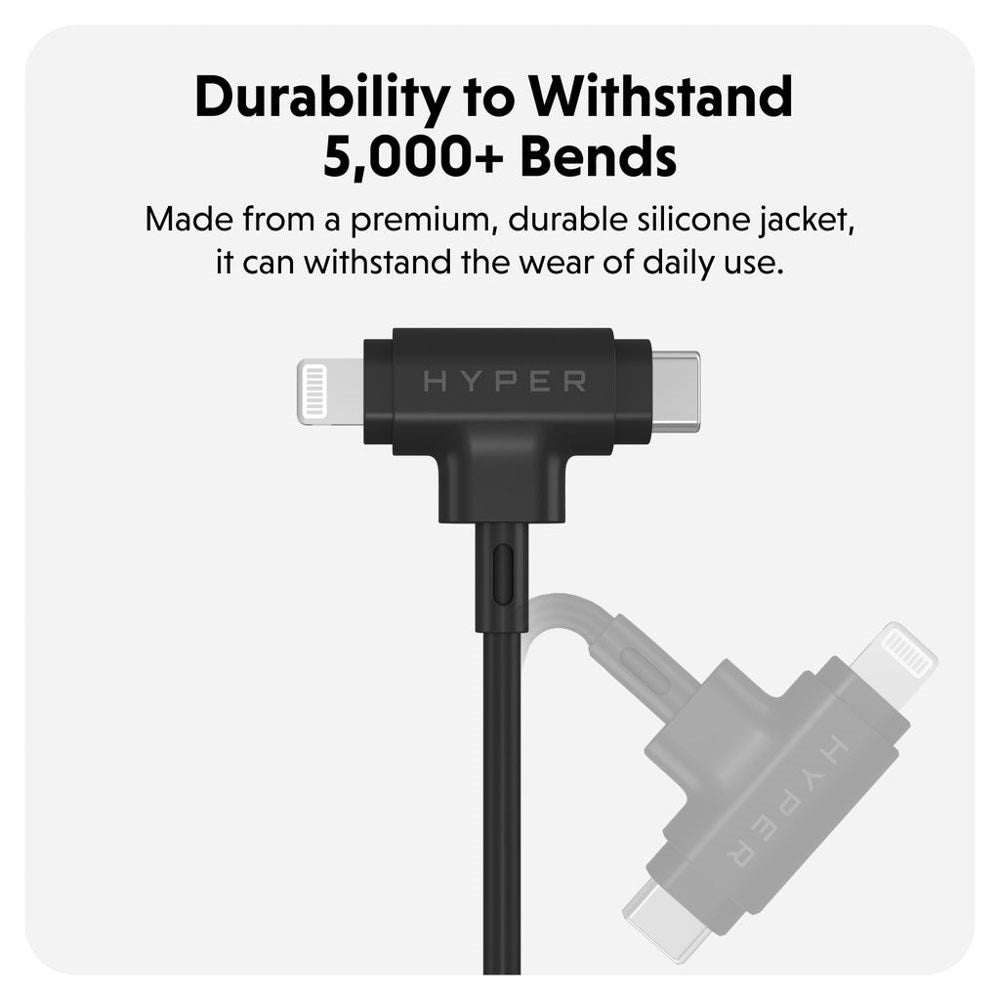 Hyper HyperJuice 60W 2-in-1 Hybrid Silicone USB-C to USB-C & Lightning Cable - 1.5m - Black