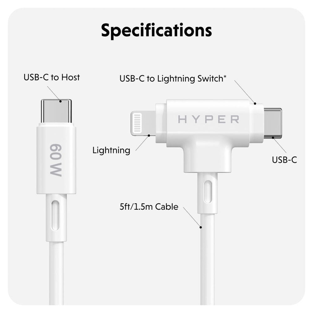 Hyper HyperJuice 60W 2-in-1 Hybrid Silicone USB-C to USB-C & Lightning Cable - 1.5m - White