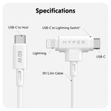 Hyper HyperJuice 60W 2-in-1 Hybrid Silicone USB-C to USB-C & Lightning Cable - 1.5m - White