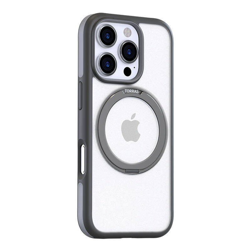 TORRAS iPhone 16 Pro Hybrid Plastic Case with Rotatable Kickstand Ring - MagSafe Compatible - Transparent / Grey
