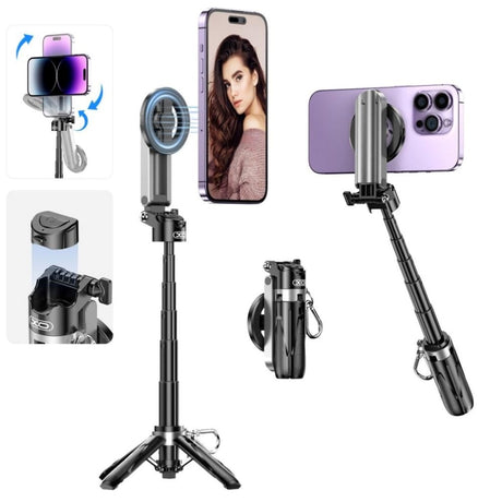 XO SS22 Multifunctional Selfie Stick with Built-in Tripod & Button Shutter - MagSafe Compatible - Black
