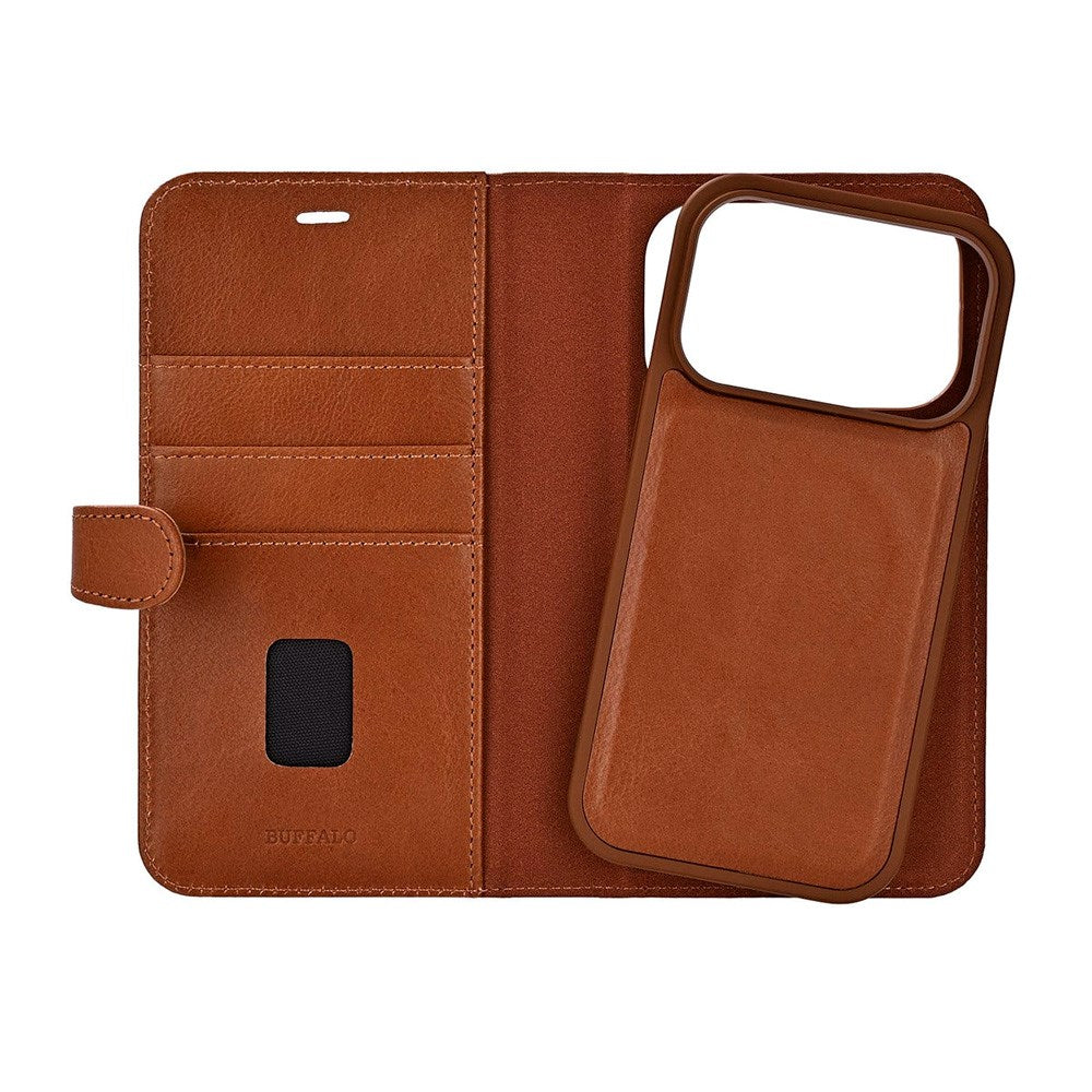 iPhone 17 Pro Buffalo 2-in-1 Genuine Leather Flip Case - Brown